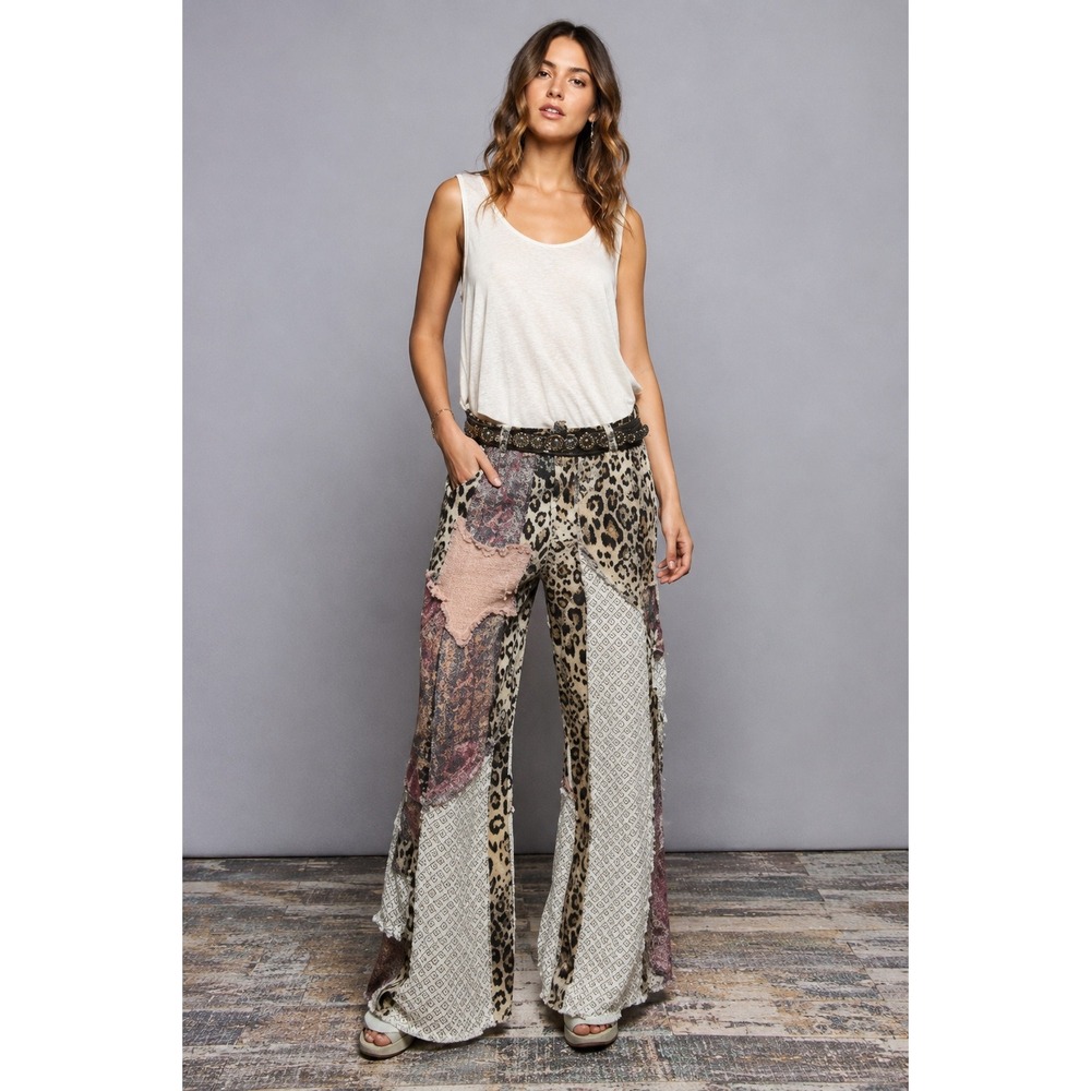 POL Patchwork Leopard Star Wide Leg Cargo Pants Women Small Brown Crochet Mesh